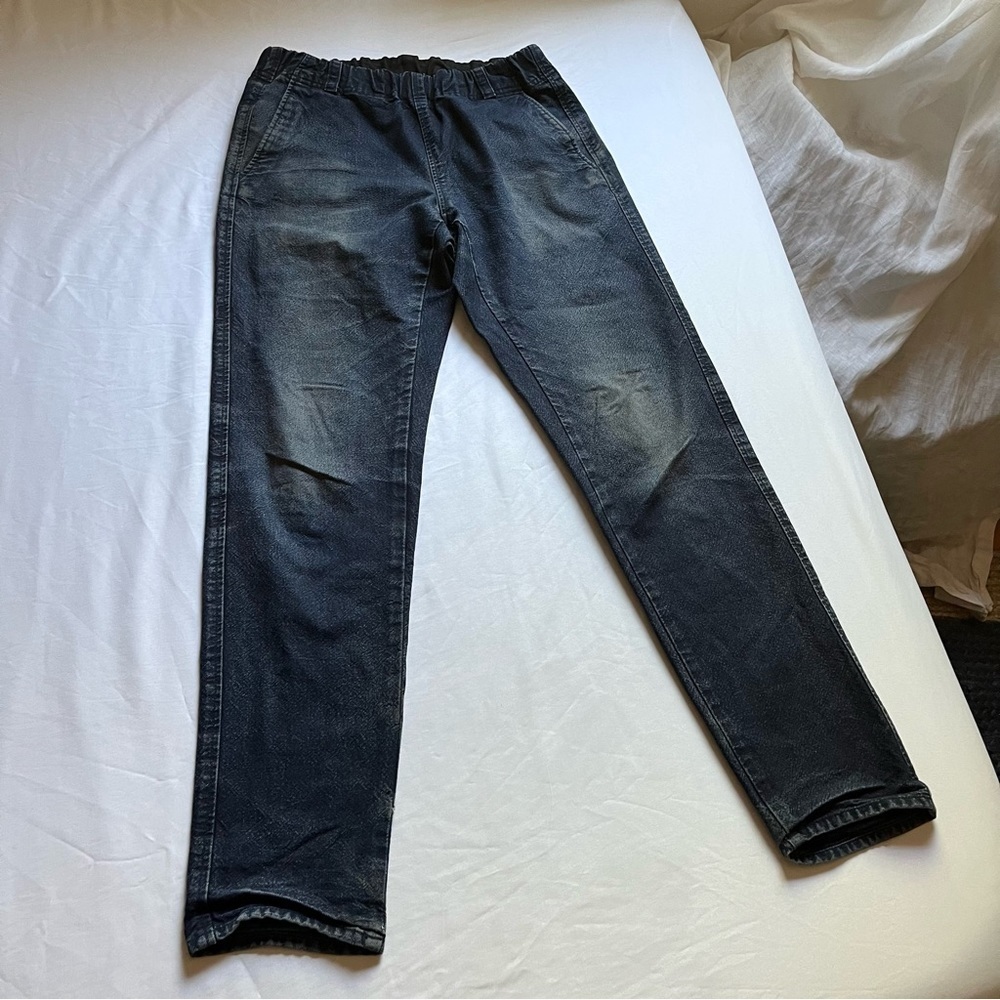 A.P.C. Dark blue faded elastic waist cropped tapered leg jeans